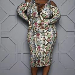 Boutique115 Dresses Plus Size "Shedding Spectrum" Snakeskin Cold Shoulder Dress - Multi