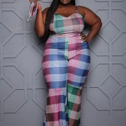 Boutique115 Jumpsuits + Rompers Plus Size "Glory Days" Plaid Bell Bottom Jumpsuit - Multi Burgundy Green