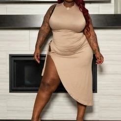 Boutique115 "Sweet Like Kiwi" Side Tie T Shirt Dress Top - Mocha Tops