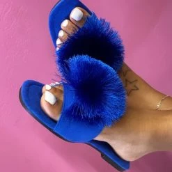 Boutique115 Shoes Cape Robbin “ POM POMS” Square Toe Fuzzy Ball Sandal-Blue