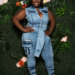 Boutique115 Plus Size "Entangled" Shirt Tie Jumpsuit - Washed Medium Blue Jean